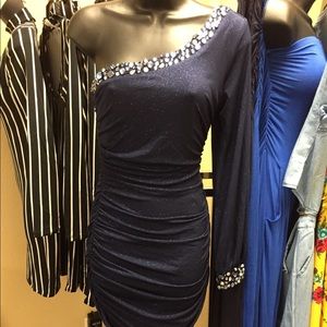 One armed dark blue glitter dress